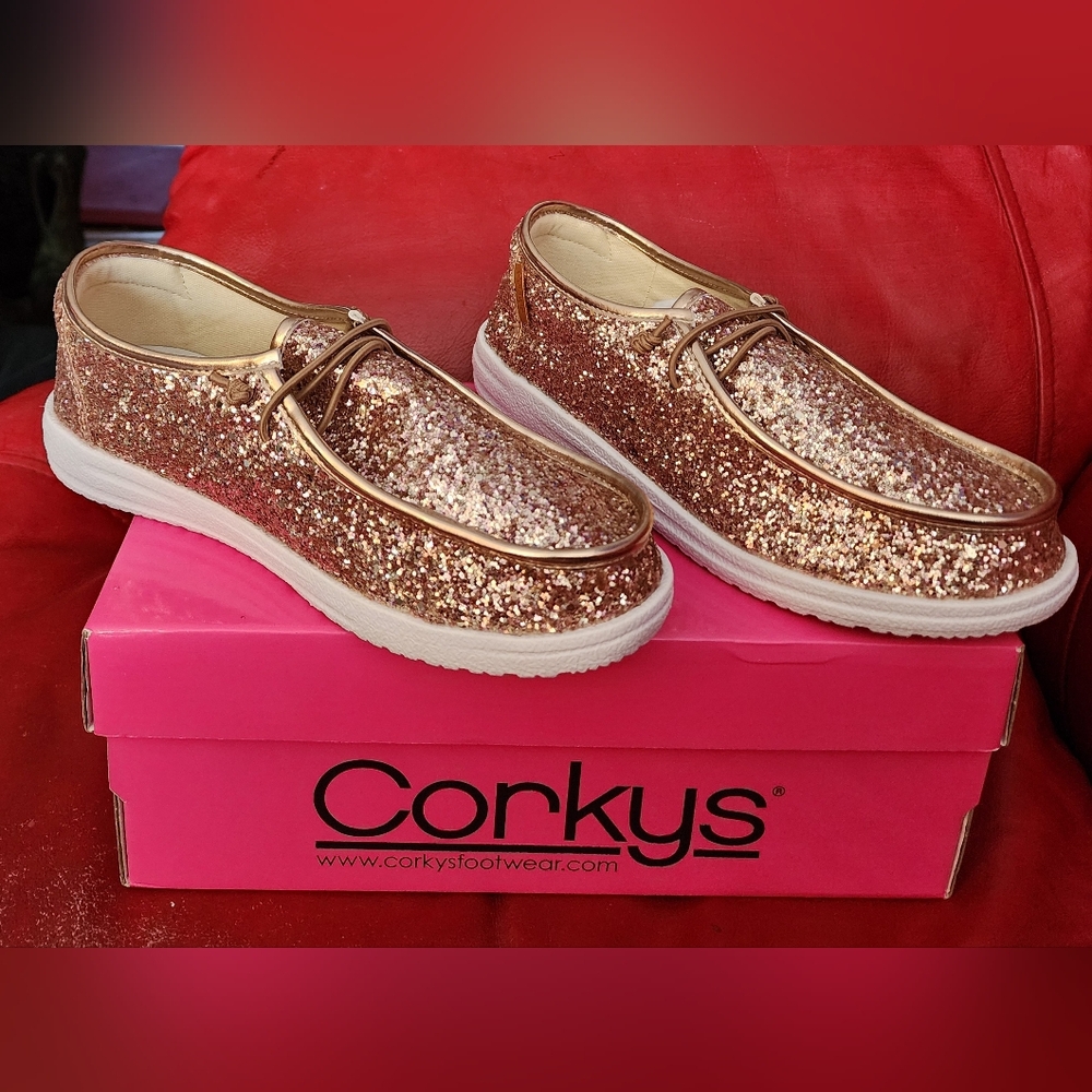 Corkys Kayak Slip On Rose Gold Glitter Size 7 Flats Casual BENIFITS CHARITY